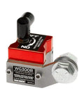 On Off Magnetic Welding Ground Clamp With 150 Lb Holding Capacity, 300 Amp, red and silver design, top view showing switch.