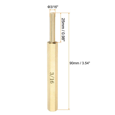 Brass Pin Punch Set 2 Pack Three Sixteenths Inch Nonmarring Drive Punch, labeled size and dimensions, for precision work