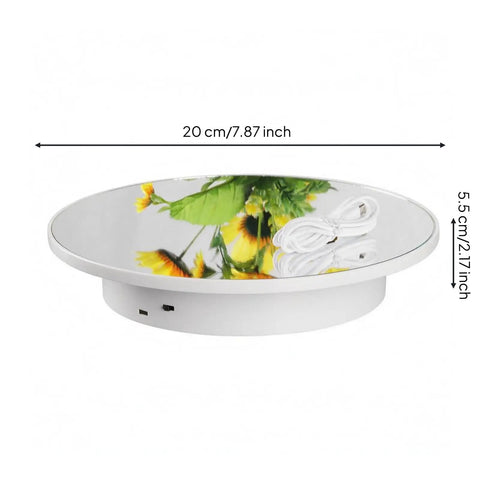 Effortless Electric Rotating Display Turntable For Jewelry Photography Gear With Clean Mirror White Finish And Smooth Body Spin Action, 20 cm diameter.