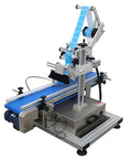No Sweat Automatic Flat Labeling Machine With Heavy Duty Conveyor For Rapid Bottle Packaging with blue belt and stainless steel design.