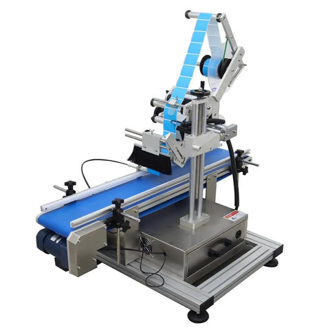 No Sweat Automatic Flat Labeling Machine With Heavy Duty Conveyor For Rapid Bottle Packaging with blue belt and stainless steel design.
