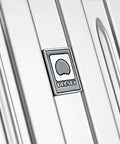 Delsey luggage front close-up logo badge on silver hard-shell case.