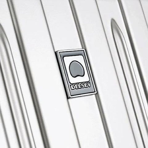 Delsey luggage front close-up logo badge on silver hard-shell case.