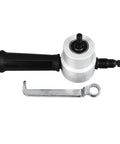 Dual Head Sheet Metal Cutter Nibbler Drill Attachment for Cutting Iron Stainless Steel Copper Aluminum Alloy, includes handle and wrench.
