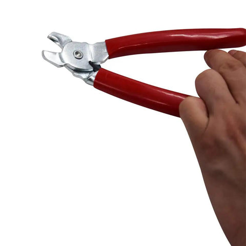 Hand using Angled Hog Ring Pliers Set With 500 Galvanized Hog Rings For Furniture And Auto Upholstery, Meat And Sausage Casings.