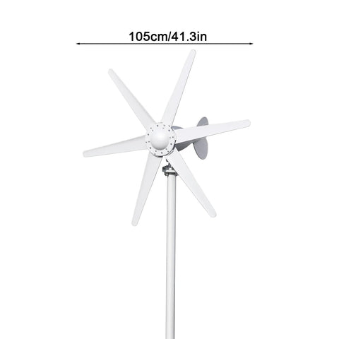 Front view of a white six-blade wind turbine generator on a tall pole.