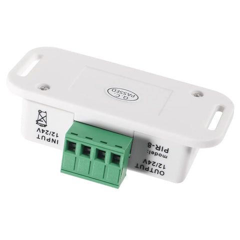 2 Pack No Brainer 12V-24V PIR Motion Sensor Switch for LED Light Strips Infrared Controller With Adjustable 1-10 Min Delay Auto On Off Motion Activated Sign Control 8 Meters Detection Range White white PIR sensor switch with green terminal block