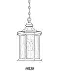 Line drawing of Traditional Antique Bronze Hanging Lantern With Clear Water Glass, 1-100W Medium Socket, classic design.