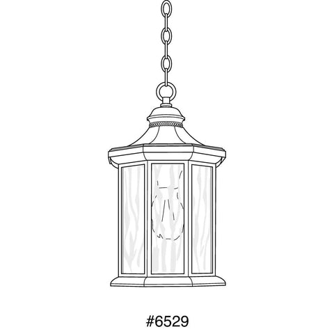 Line drawing of Traditional Antique Bronze Hanging Lantern With Clear Water Glass, 1-100W Medium Socket, classic design.