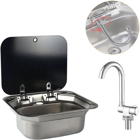 Premium RV Sink Faucet with Spotless Chrome Finish Heavy Duty 360 Swivel Marine Cold Water Tap Compact Deck Mount with stainless steel sink.