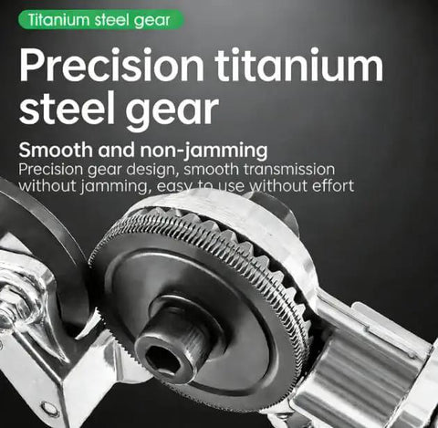 Close-up of a precision titanium steel gear from Drill Nibbler Sheet Metal Cutter Attachment For Fast Burr Free Cuts.