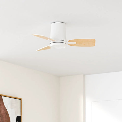 30 Inch Ceiling Fan With Lights Remote Control Quiet DC Motor Flush Mount For Bedroom And Kids Room White And Wood Grain Finish Dual Sided Blades Keeps It Cool In Small Rooms Perfect For Flat Ceilings