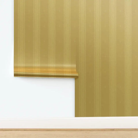 Hella Glam Farmhouse Stripe Gold Metallic Wallpaper With Textured Fibrous Grain Easy Glide Paste The Wall Covering Usa Crafted Eco Clean Next Level Shine Strips For Cozy American Homes Today displayed on wall with rolled section.