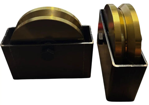 Bulletproof 6 Inch Chrome V Groove Wheels With Box Mount Rock Solid Five Eighth Axle Compatible Track Rollers 3000 LB Payload shown in a side view.