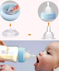 Premium Borosilicate Glass Breastmilk Storage Bottles 6 Oz 6 Pack Wide Mouth BPA Free Blue Lids image showing baby feeding from the bottle.