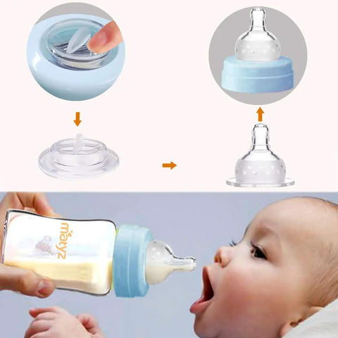 Premium Borosilicate Glass Breastmilk Storage Bottles 6 Oz 6 Pack Wide Mouth BPA Free Blue Lids image showing baby feeding from the bottle.