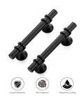 30 Pack 5 Inch Matte Black Cabinet Pulls With Round Base For Kitchen Cabinets And Drawer Fronts, 3 Inch Center To Center Hole Spacing, shown with scratch resistance, anti-fingerprint, and oleophobic coating icons.