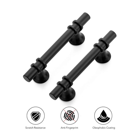 30 Pack 5 Inch Matte Black Cabinet Pulls With Round Base For Kitchen Cabinets And Drawer Fronts, 3 Inch Center To Center Hole Spacing, shown with scratch resistance, anti-fingerprint, and oleophobic coating icons.