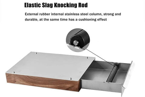 Heavy Duty Stainless Steel Espresso Knock Box Featuring Pull Out Puck Drawer Compact Grounds Catcher And Tamping Station with rubber cushioning.