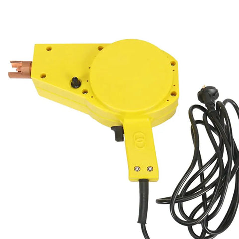 Body Repair Spot Weld Kit With Dent Puller, 800VA Spot Welder, Stud Gun Set, yellow welding tool, cable, copper tip, top view
