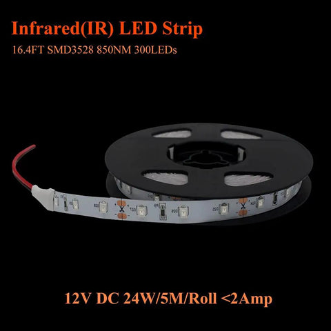 Infrared LED Light Strip 850nm 16.4ft DC12V Flexible 300 LEDs on black reel