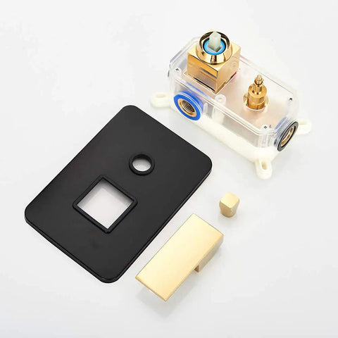 CUTPOIY Shower Set, Wall Bathroom Shower Mixers, Black Golden Brass Rainfall Concealed Shower System Embedded Box Mixer Valve, 16 Inch-A components, including valve and handle.