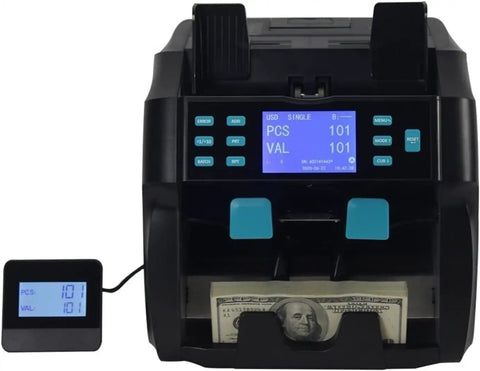Professional Cash Counter Machine With Smart Dupe Detector And Automatic Bill Sorter with LED display and bills being counted.