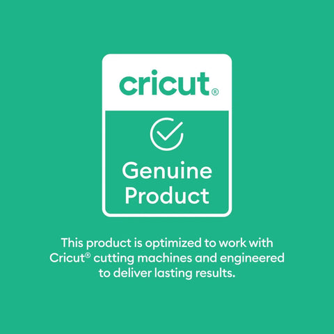 Front view of Cricut Genuine Product badge on teal background; rounded white card with checkmark and Genuine Product