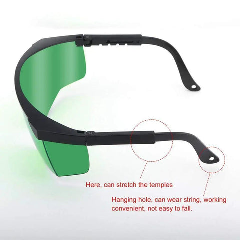 Side view of Green Laser Safety Glasses 2 Pack For UV And Infrared Protection With Adjustable Frames showing telescopic temples.