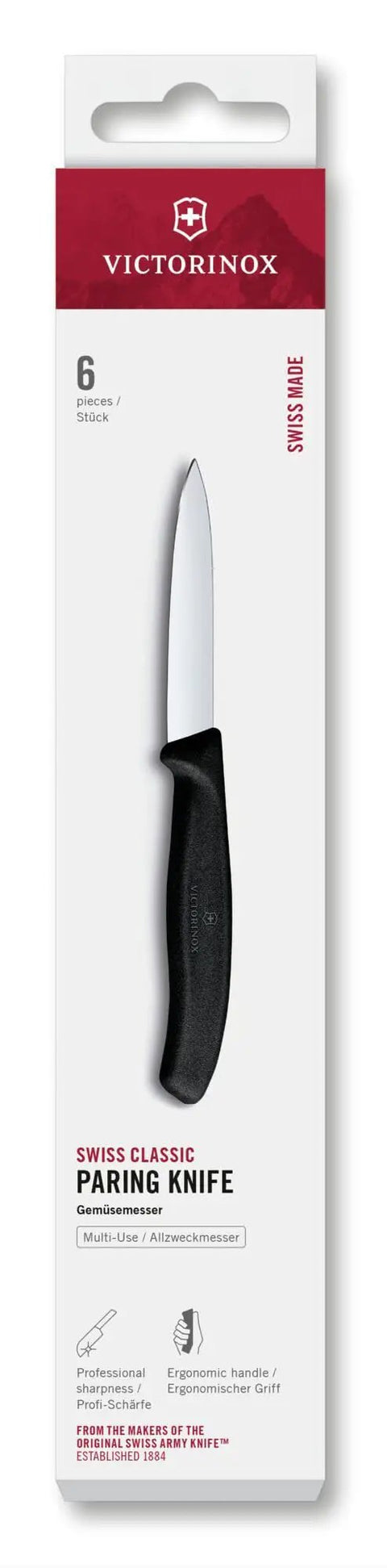 3.25 Inch Paring Knife With Straight Edge Spear Point, Ergonomic Non Slip Handle in packaging displayed vertically