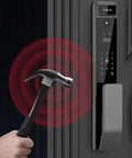 3D Fingerprint Smart Door Lock With Built In Camera And Phone App Control Hassle Free Keyless Entry For Home Security being struck with a hammer.