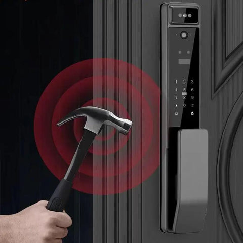 3D Fingerprint Smart Door Lock With Built In Camera And Phone App Control Hassle Free Keyless Entry For Home Security being struck with a hammer.
