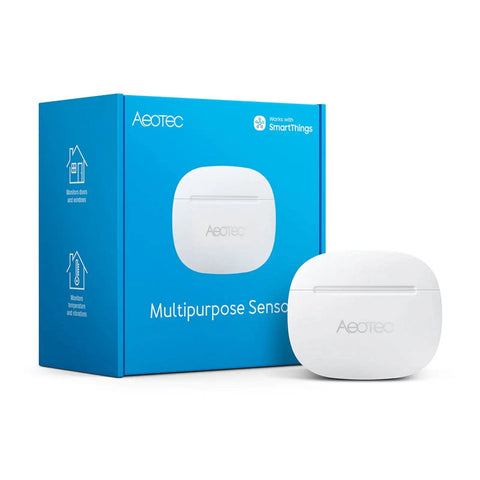 SmartThings Multipurpose Zigbee Sensor For Doors And Windows With Temperature Vibration Tilt Detection And Real Time Phone Alerts Works With Your Hub System shown next to its packaging.