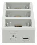 Three Port Drone Charging Station For Mini 3 Pro On The Go Fast PD Battery Hub with power indicators and USB-C port, top view.
