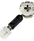 Close-up of 3-in-1 furniture connector from 50 Pack 3 In 1 Furniture Screw Connector Bolts And Nuts Assortment Kit For Cabinets Desks Tables Shelving
