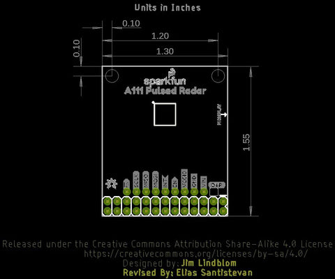 60GHz Pulsed Radar Breakout A111 With Integrated Antenna Single Chip PCR Radar Solution SPI Interface Up To 50MHz High Precision Distance Motion And Gesture Sensing For DIY Projects board top view with inch dimensions