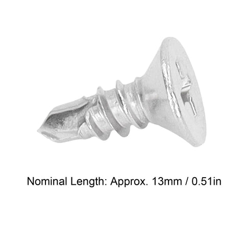 Close-up of 13mm countersunk cross head screw, part of 200Pcs 13mm Self Drilling Screws Countersunk Cross Head Stainless Steel Fasteners