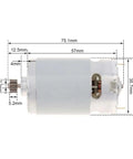 RS550 Brushed DC Motors 14.4 Volt 24500 RPM High Torque dimensions with steel gear, suitable for cordless drill and screwdriver.