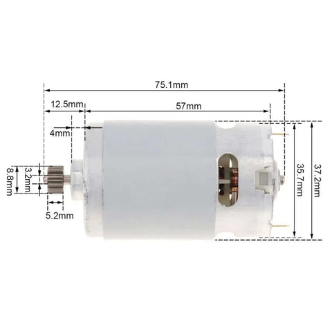RS550 Brushed DC Motors 14.4 Volt 24500 RPM High Torque dimensions with steel gear, suitable for cordless drill and screwdriver.