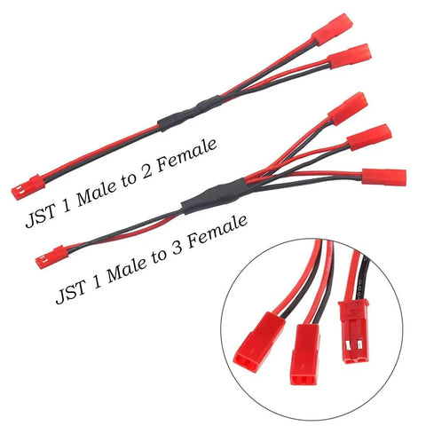 Y Harness Splitter Kit for RC Cars and Traxxas TRX-4 showing JST 1 Male to 2 Female and JST 1 Male to 3 Female adapters