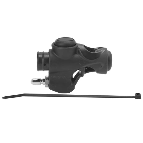 Side view of BCD Inflator Valve For Dive Gear Low Pressure Mini K Shape 3/4 Inch Hose Adapter For Divers with zip tie