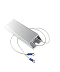 Silver aluminum 100W high-power fixed resistor module with a finned heatsink and two white ring-terminal leads.