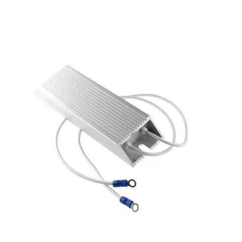 Silver aluminum 100W high-power fixed resistor module with a finned heatsink and two white ring-terminal leads.