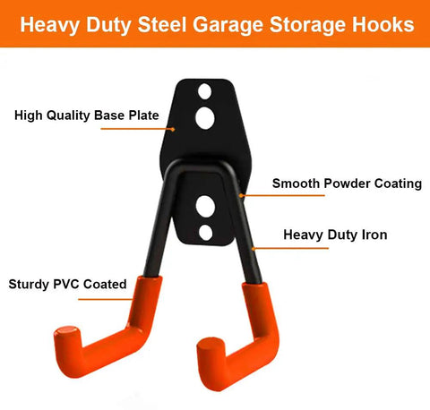 Heavy Duty Garage Hooks 10 Pack Steel Wall Mount Tool Hangers with PVC coating, showing mounting plate and labeling features.