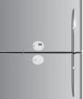 Kid Proof Fridge And Cabinet Lock With Password Protection, White Plastic Babyproof Lock on Silver Fridge