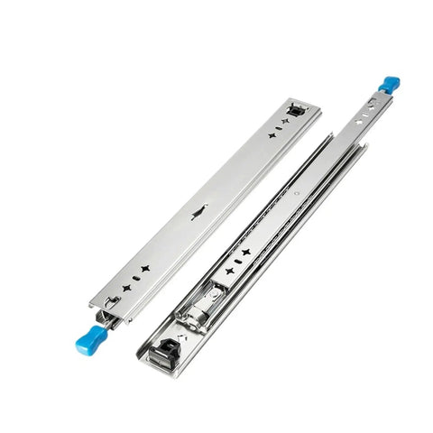 Heavy Duty Drawer Slides 1 Pair Concealed Bottom Mounted Runners With Hidden Under Drawer Design For A Clean Look And Smooth Beefy Glides In Everyday Use For Any Task Anywhere. silver steel concealed bottom-mounted drawer slides with blue release clips