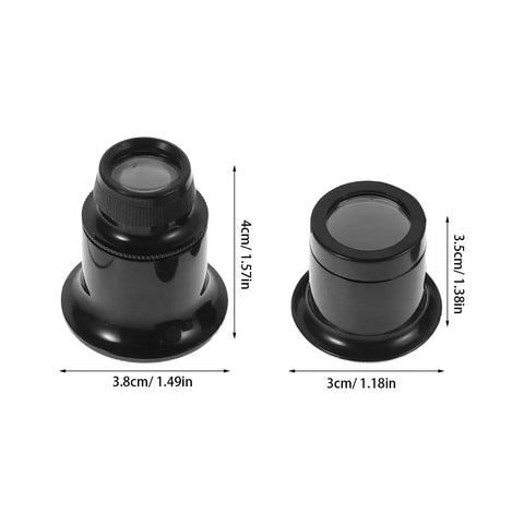 Five Piece Jewelers Loupe Set With Holder 3X 5X 10X 15X 20X Monocular Magnifiers, two black magnifiers with dimensions