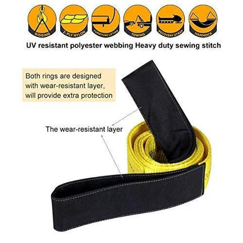 Lift sling straps, two-pack nylon, yellow webbing with black edging, 6.5 ft x 2 in, 13,000 lb capacity.