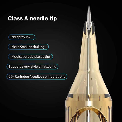 Close-up of Pro Grade 50Pcs Tattoo Cartridges Needles 12 Standard 15RM Disposable Supply Curved Magnum Class A needle tip