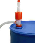 Hassle Free Plastic Drum Siphon Pump Works Like A Charm With Five Gallons Per Minute Flow Rate in use on blue drum with suction hose.